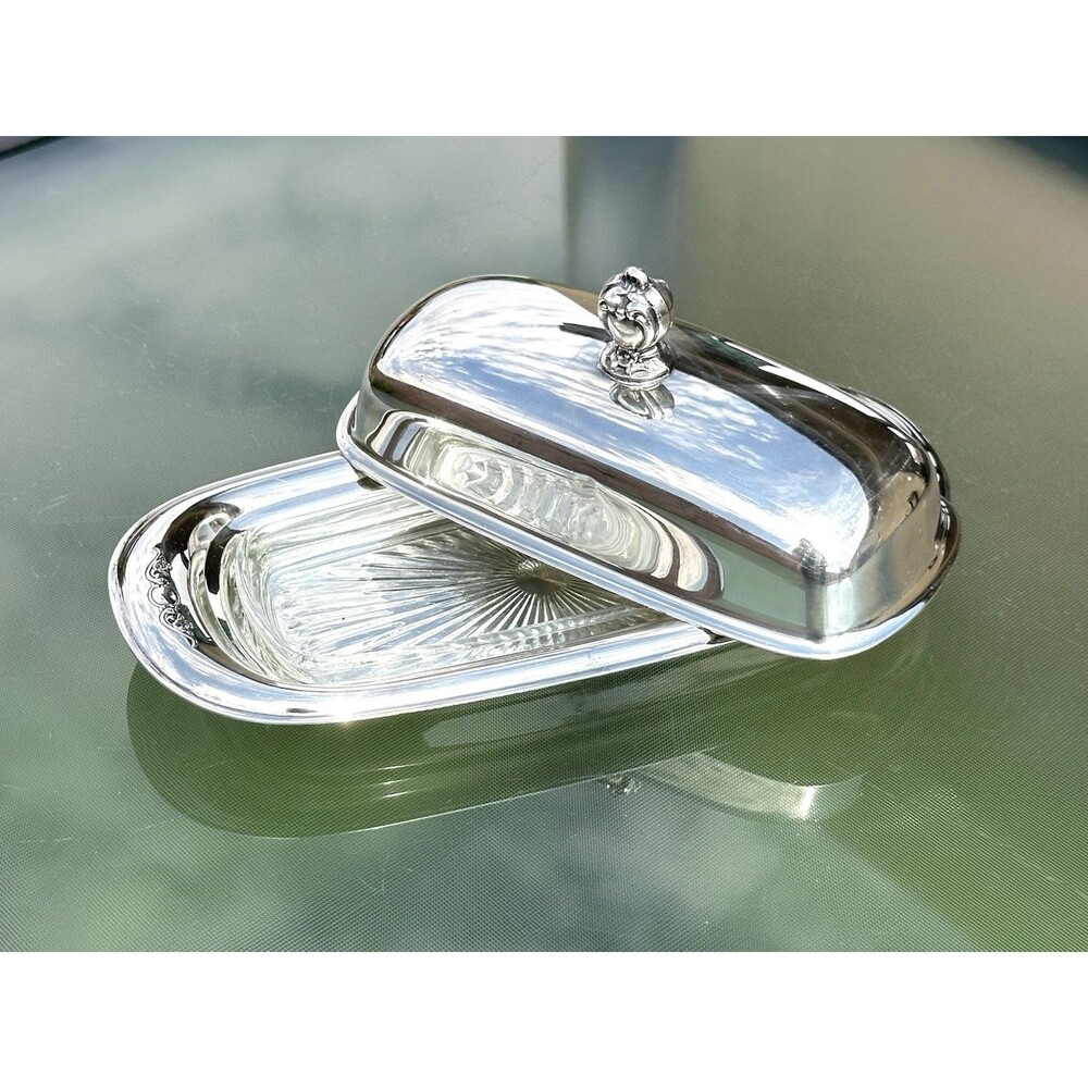 Vintage Silver Plated Covered Butter Dish w/ Finial Knob and Glass Insert inside